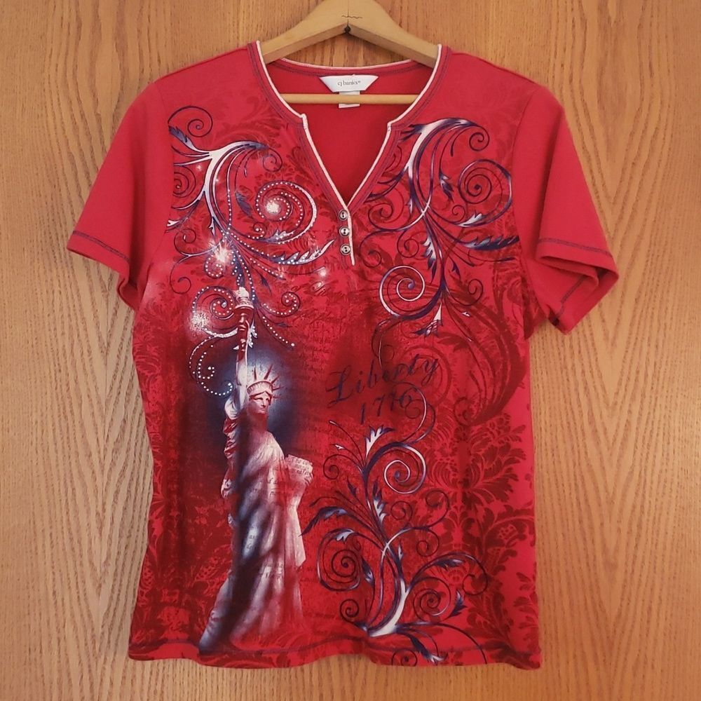 Pretty CJ Banks Patriotic Red White Blue Statue of Liberty Top Sz X